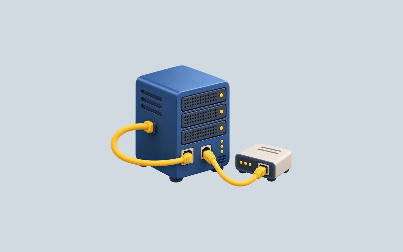 A blue server with one cable looping back and another connected to a nearby device