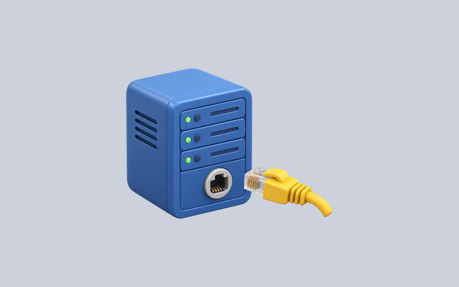 A yellow network connector paused in front of an empty socket on a blue server