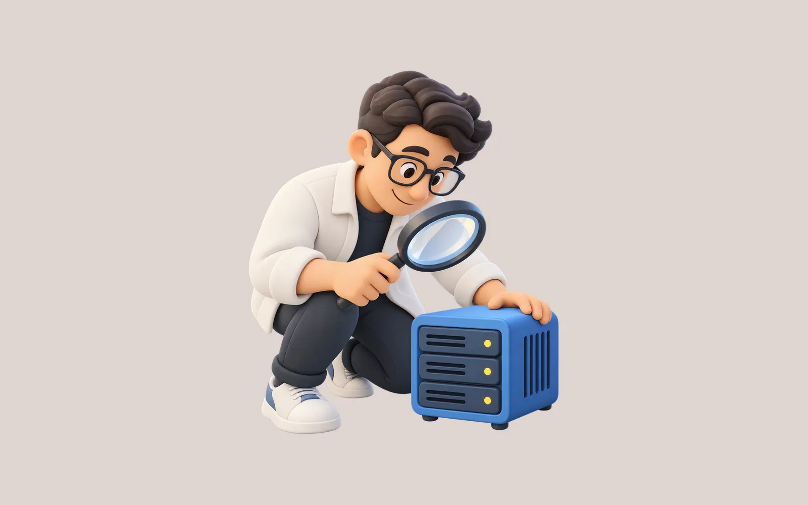 A softly modeled analyst examining a small blue server with a magnifying glass