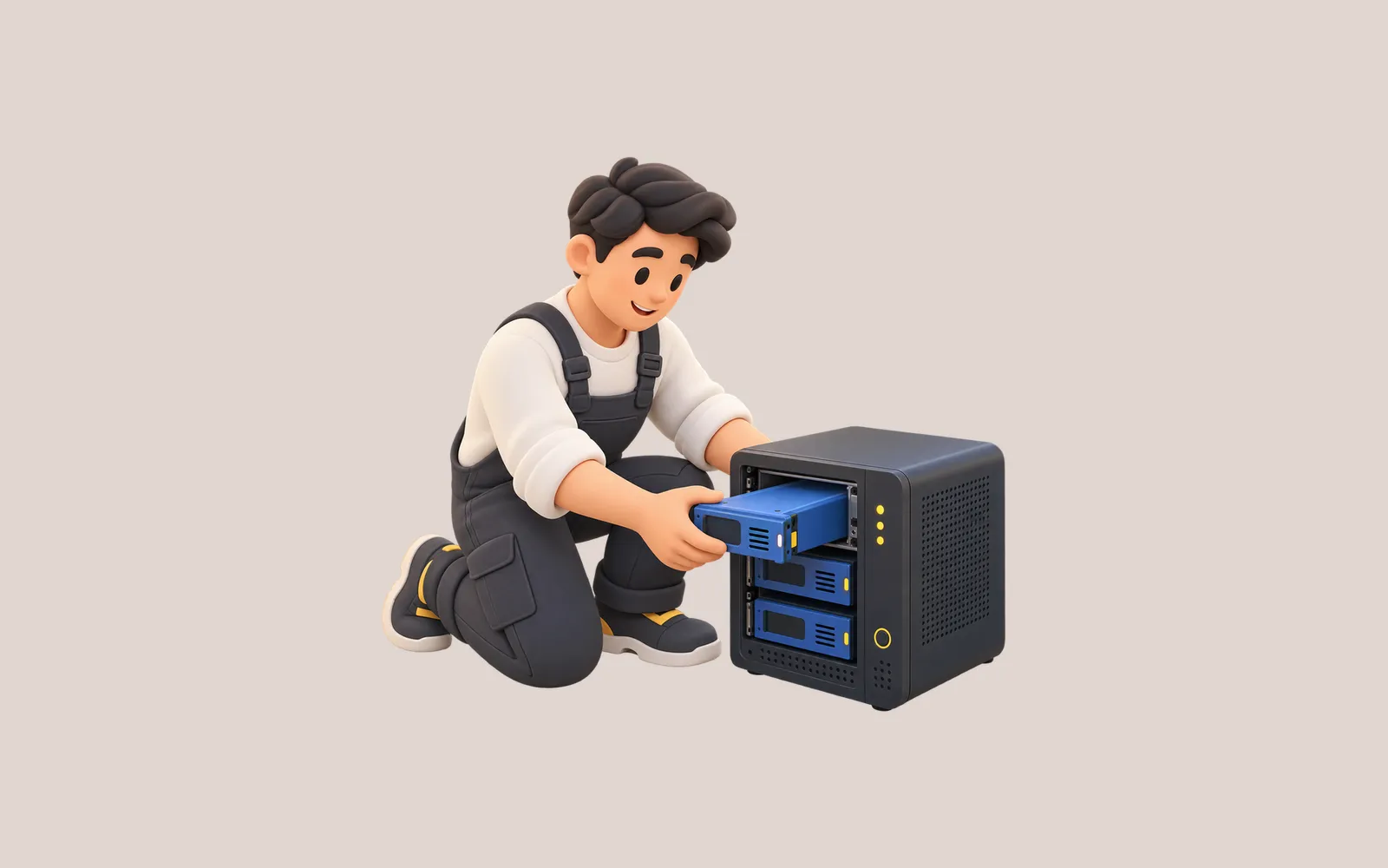 A softly modeled operator fitting a blue application module into a small server