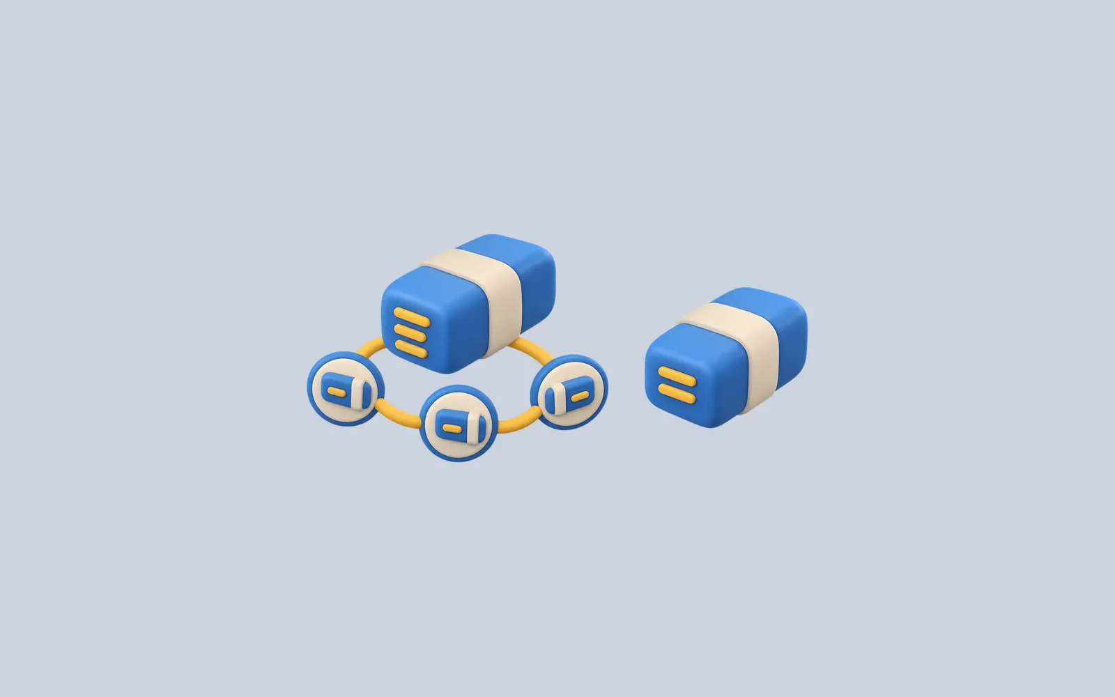 One blue packet follows a short linked path while another stands alone