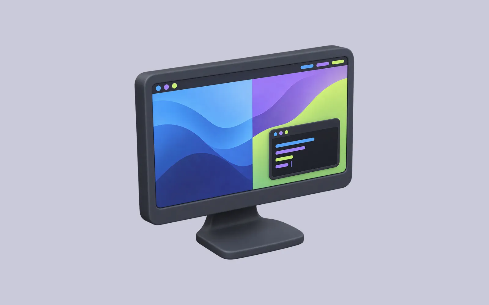 An illustrated desktop palette changing the colors of a wallpaper, terminal, and top bar