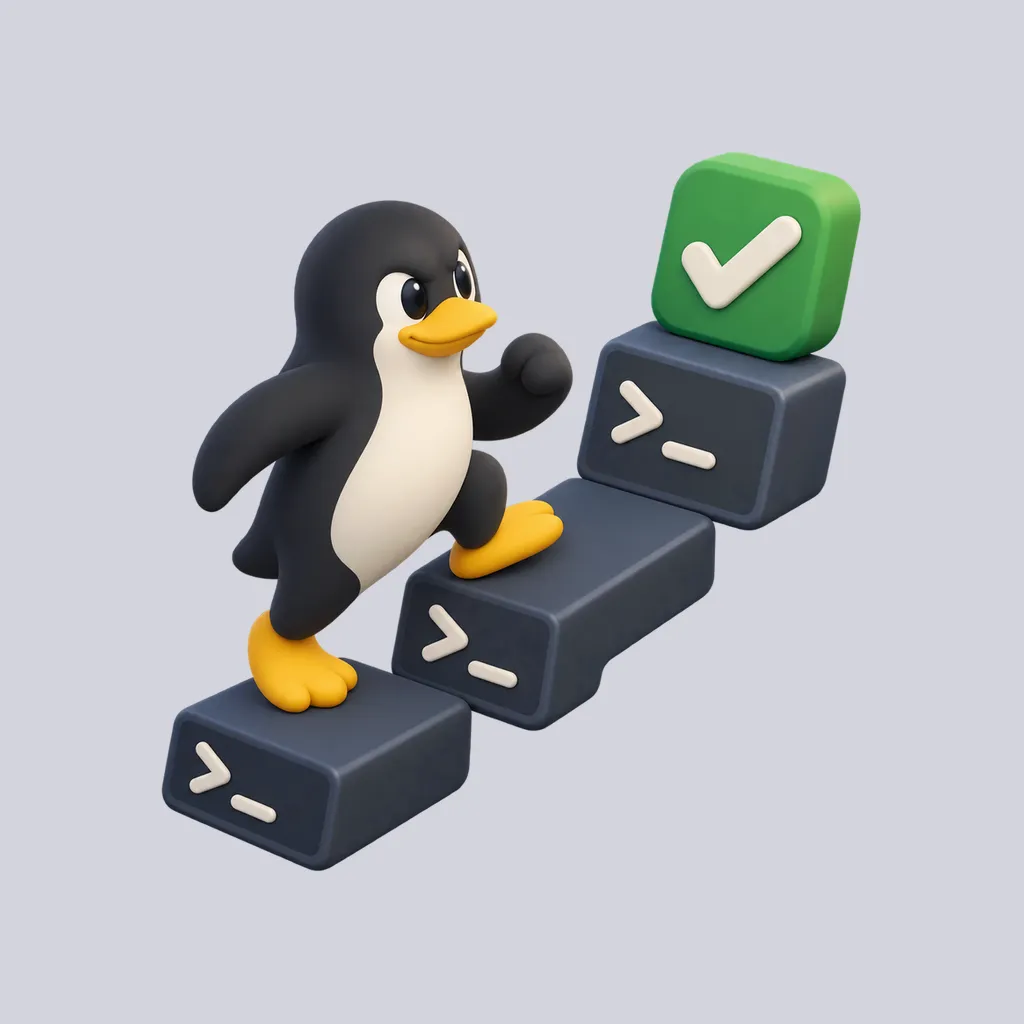 Tux climbing terminal blocks toward a green completion check