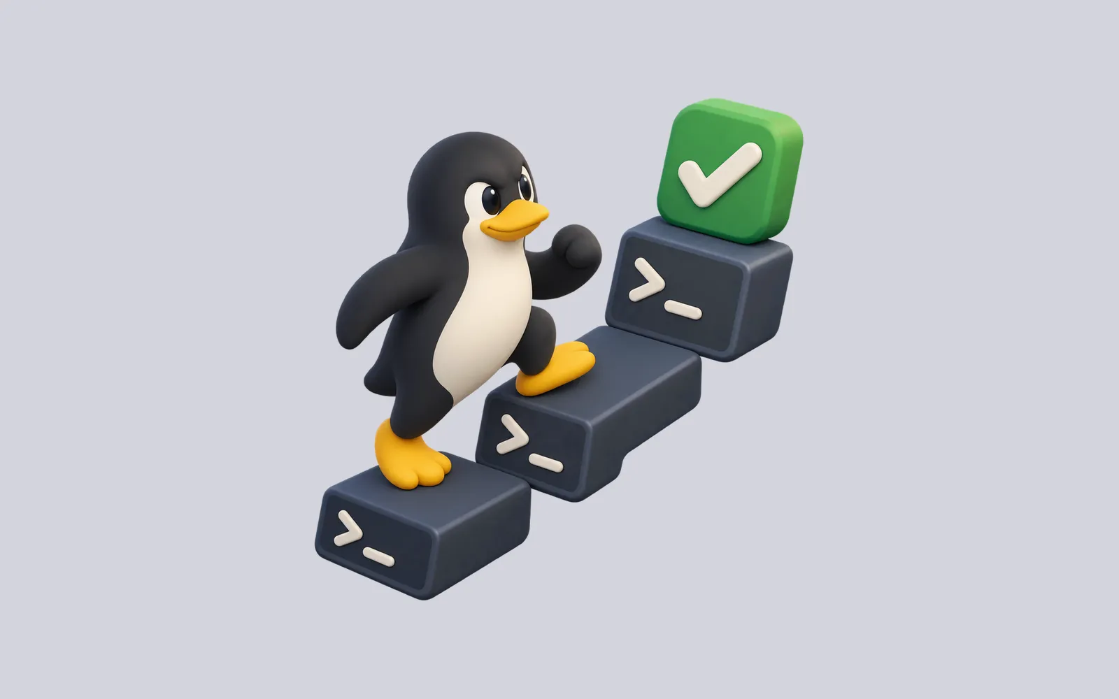 Tux climbing terminal blocks toward a green completion check