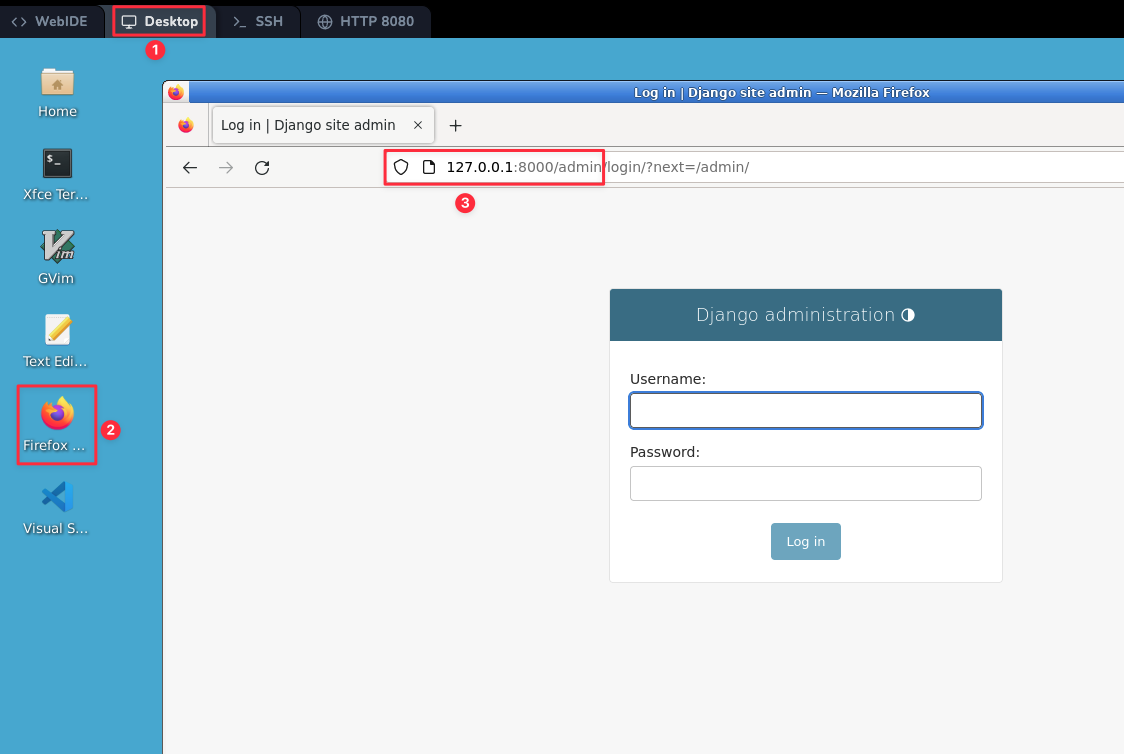 Pantalla de inicio de sesión del administrador de Django