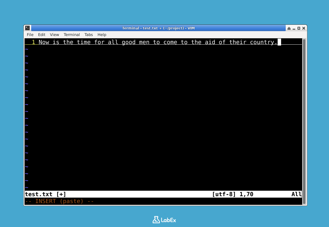 Editor vi mostrando texto insertado en modo de inserción