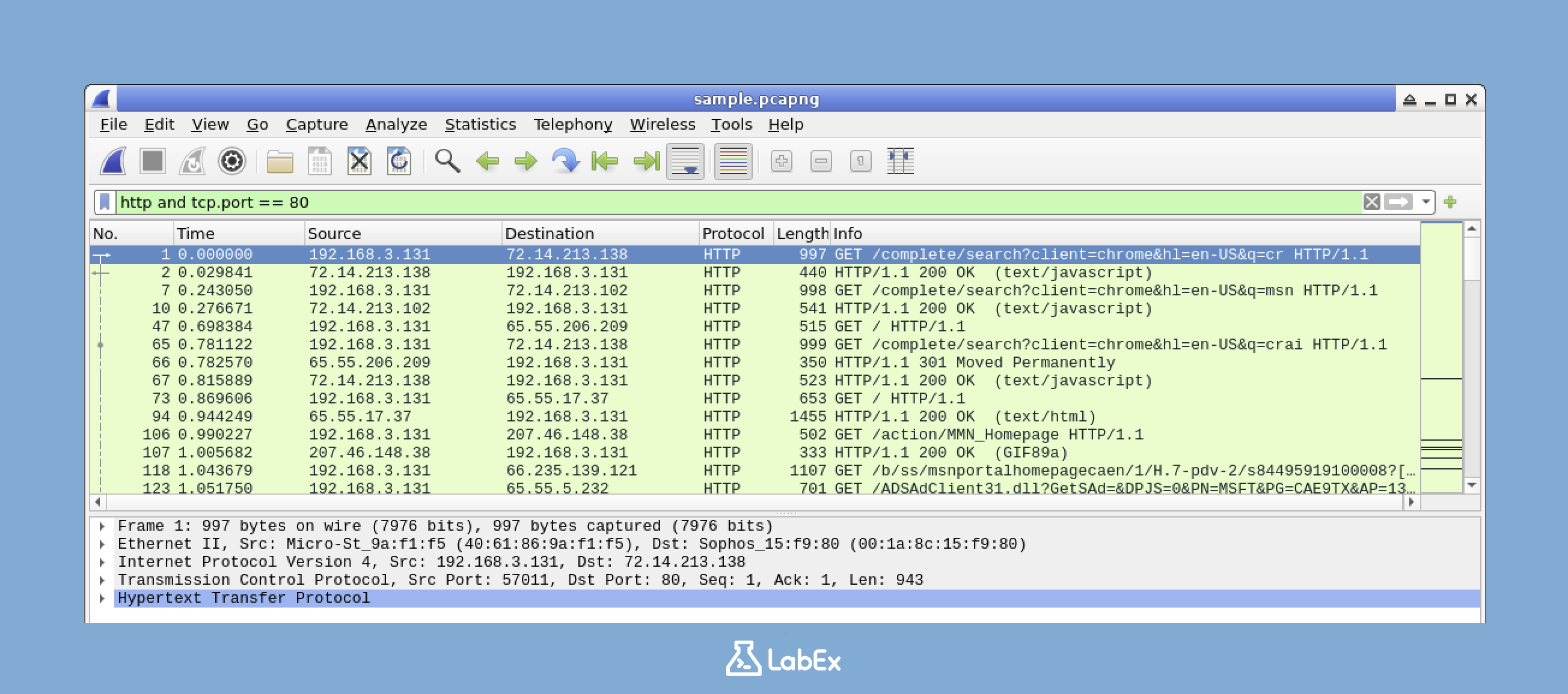 Example of combined filter in Wireshark