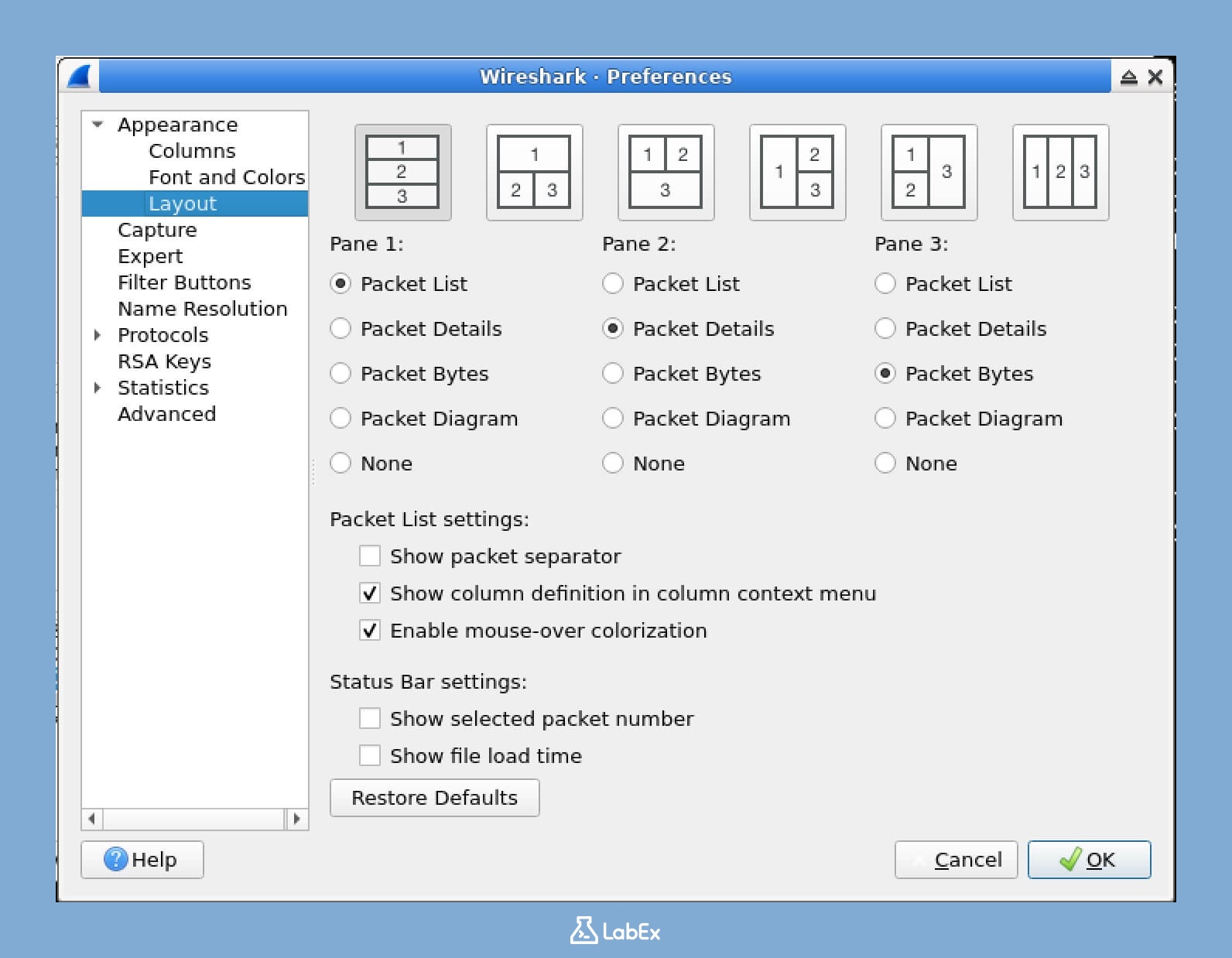 Wireshark 레이아웃 옵션