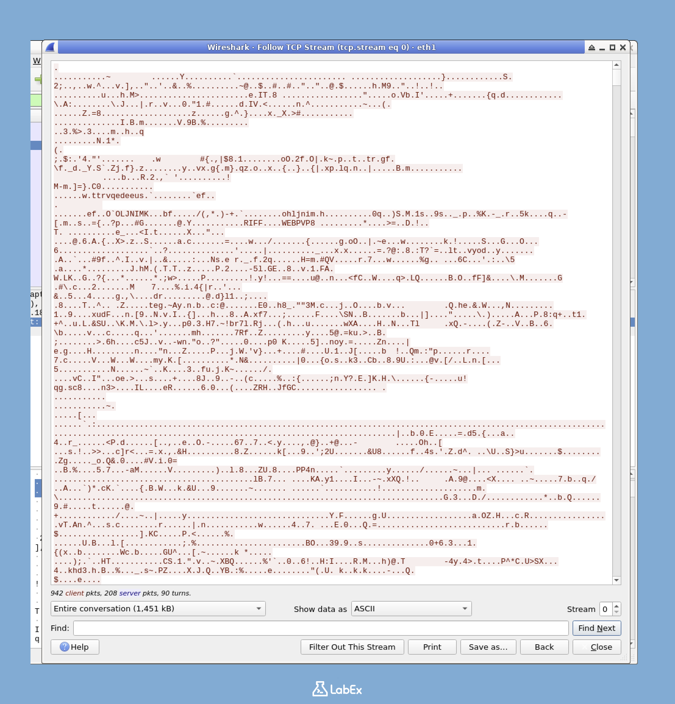 Menu for following TCP Stream