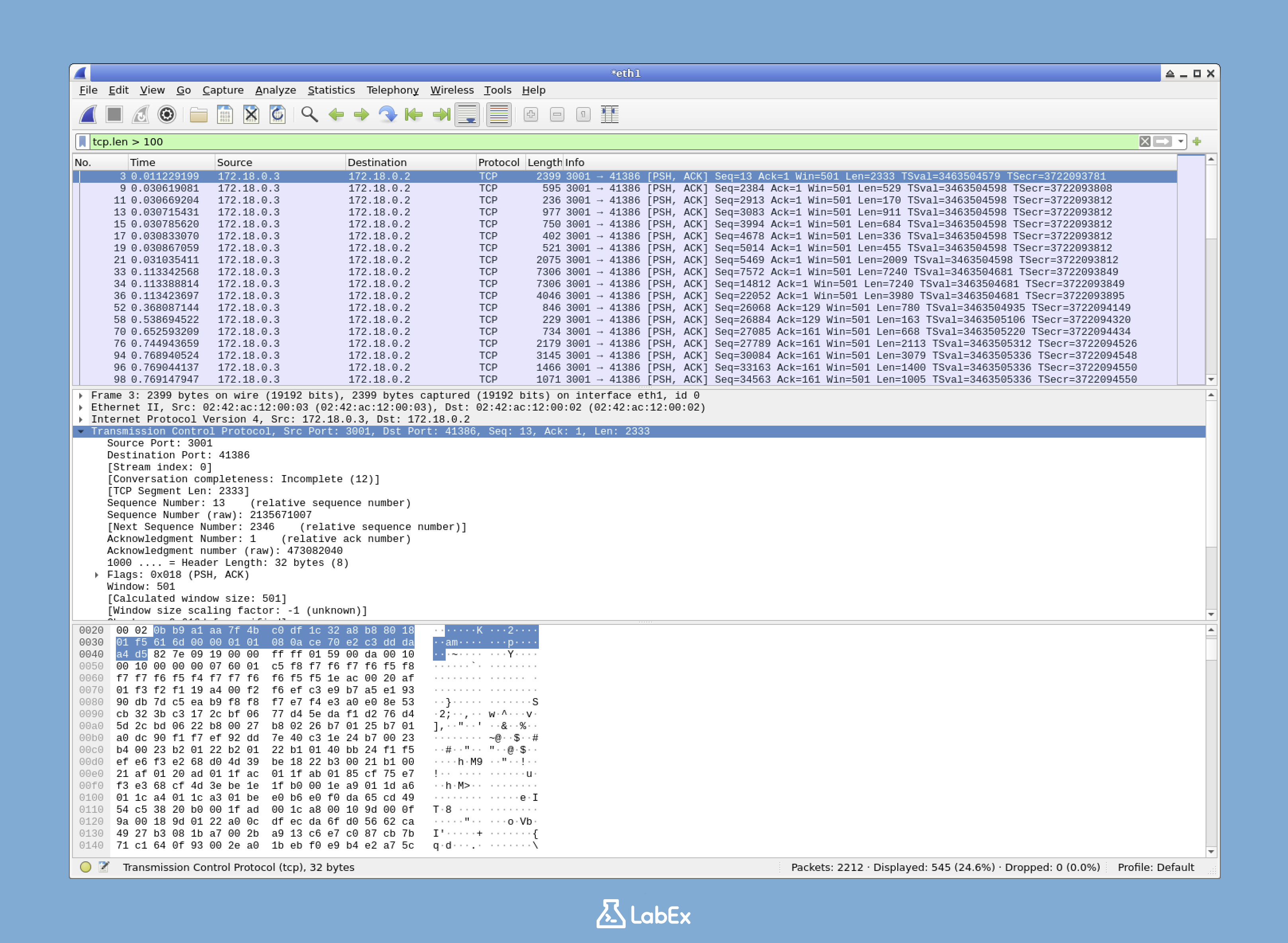 Example of comparison operators in Wireshark