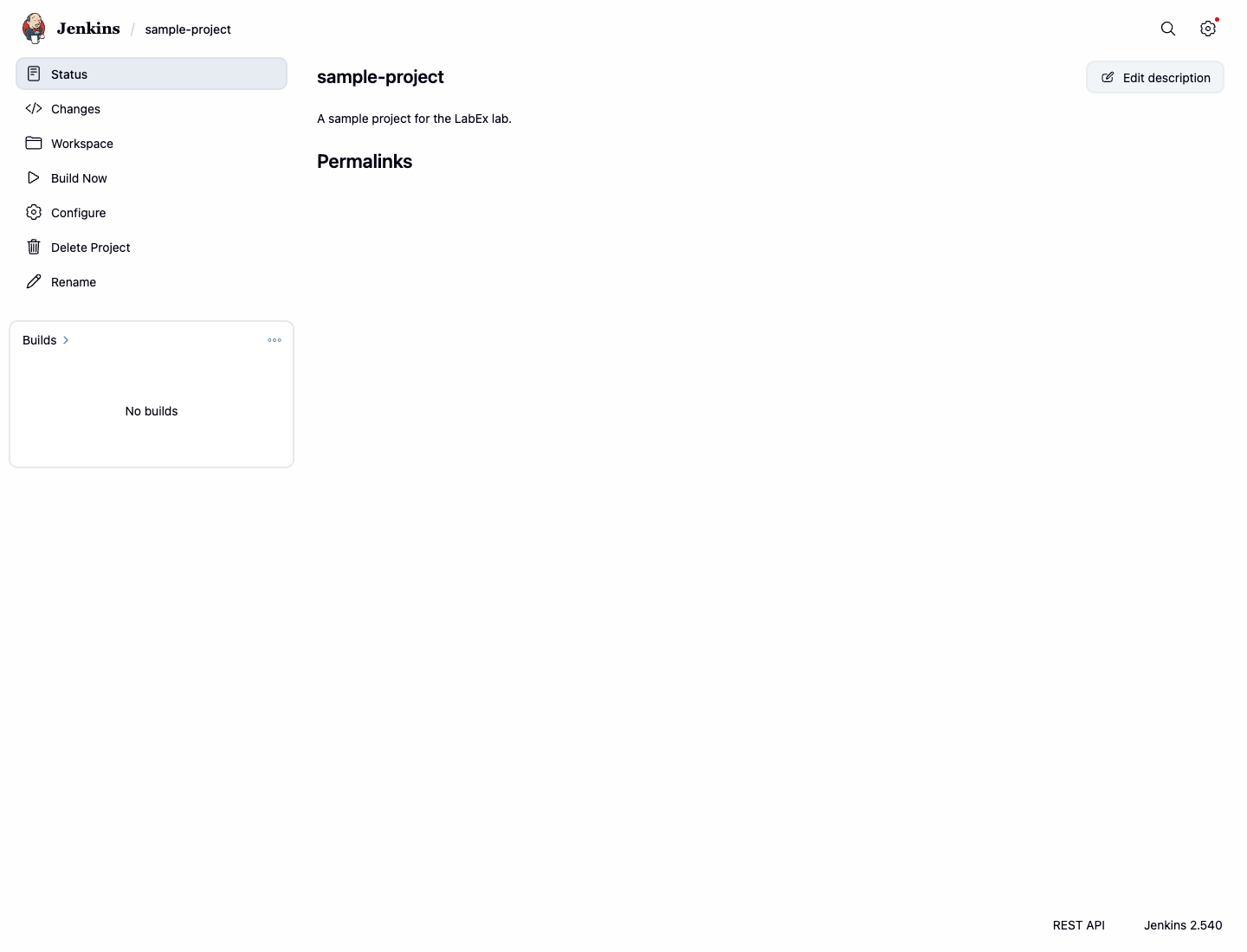Page du projet Jenkins
