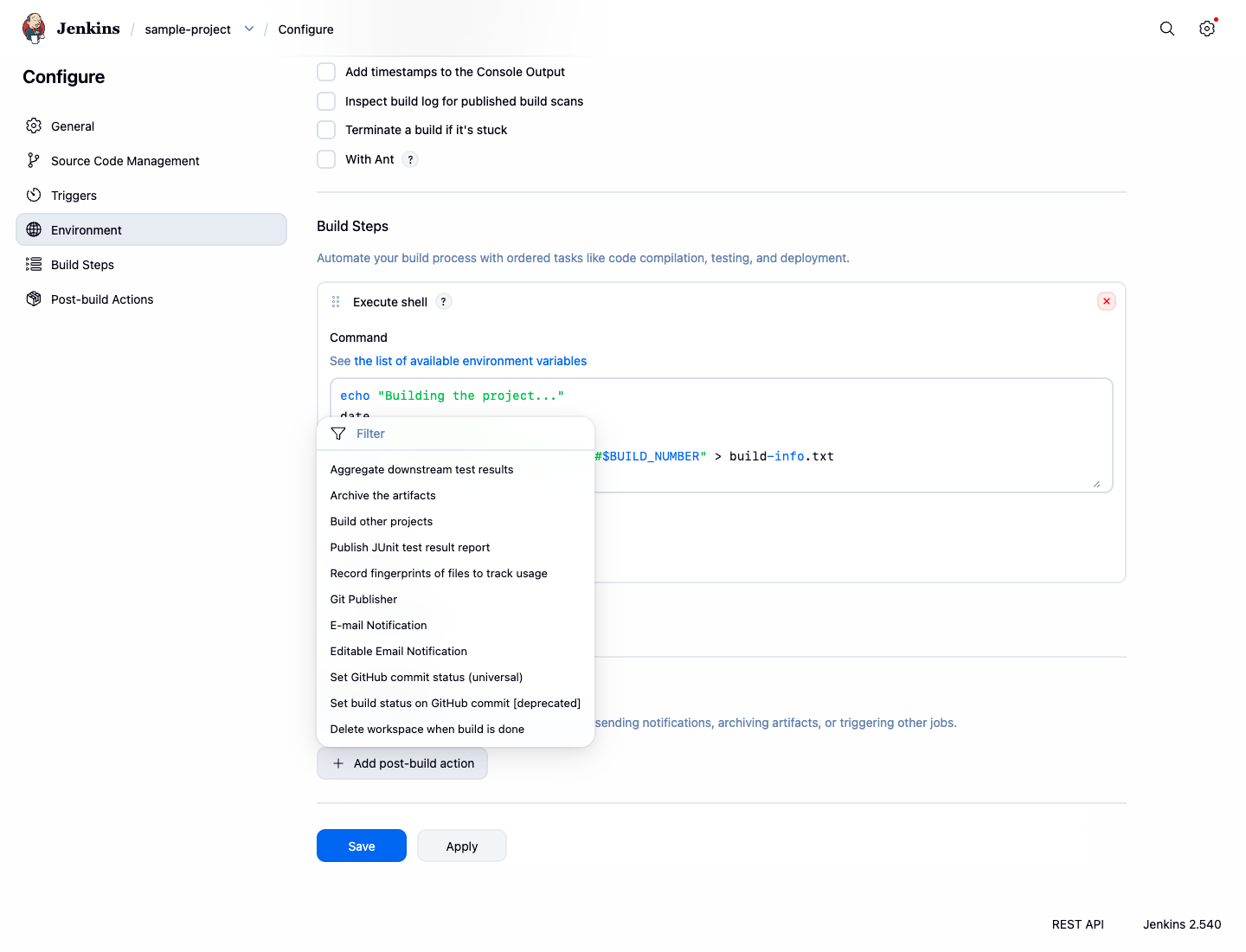 Menu déroulant Add post-build action