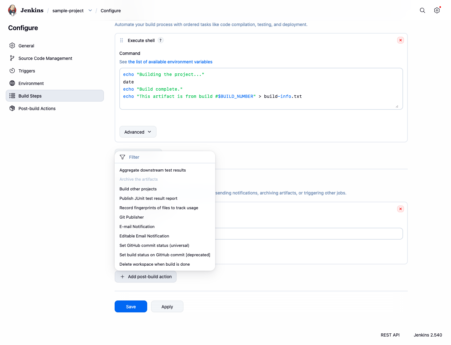 Menu déroulant Add post-build action