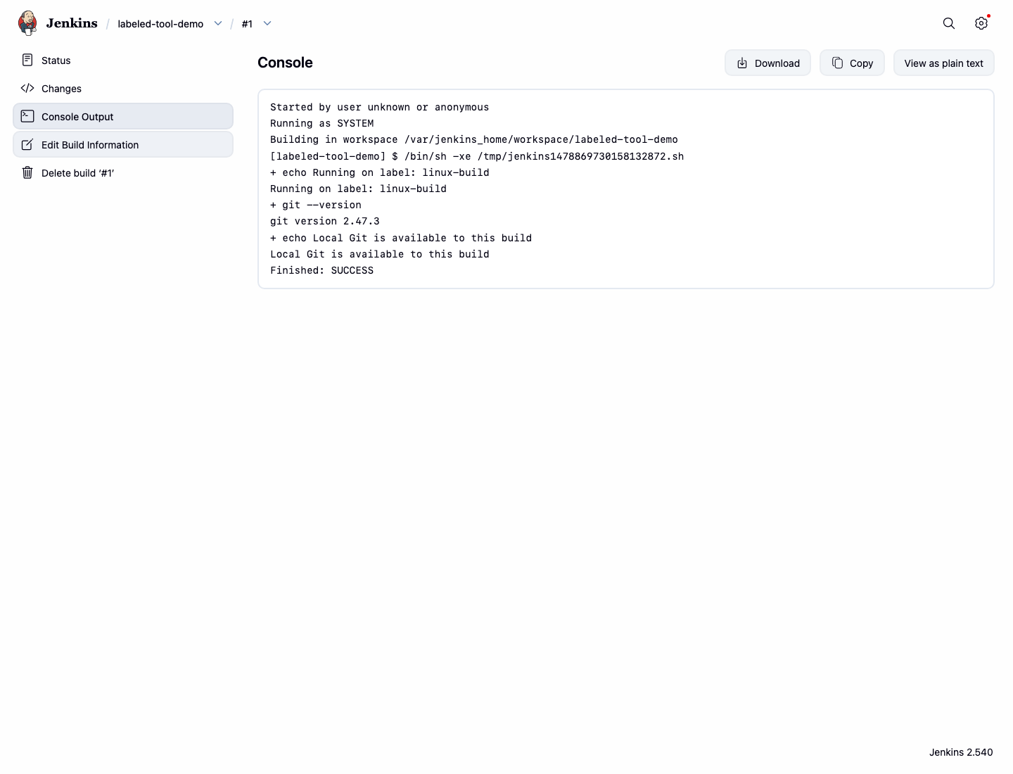 Jenkins labeled job console output