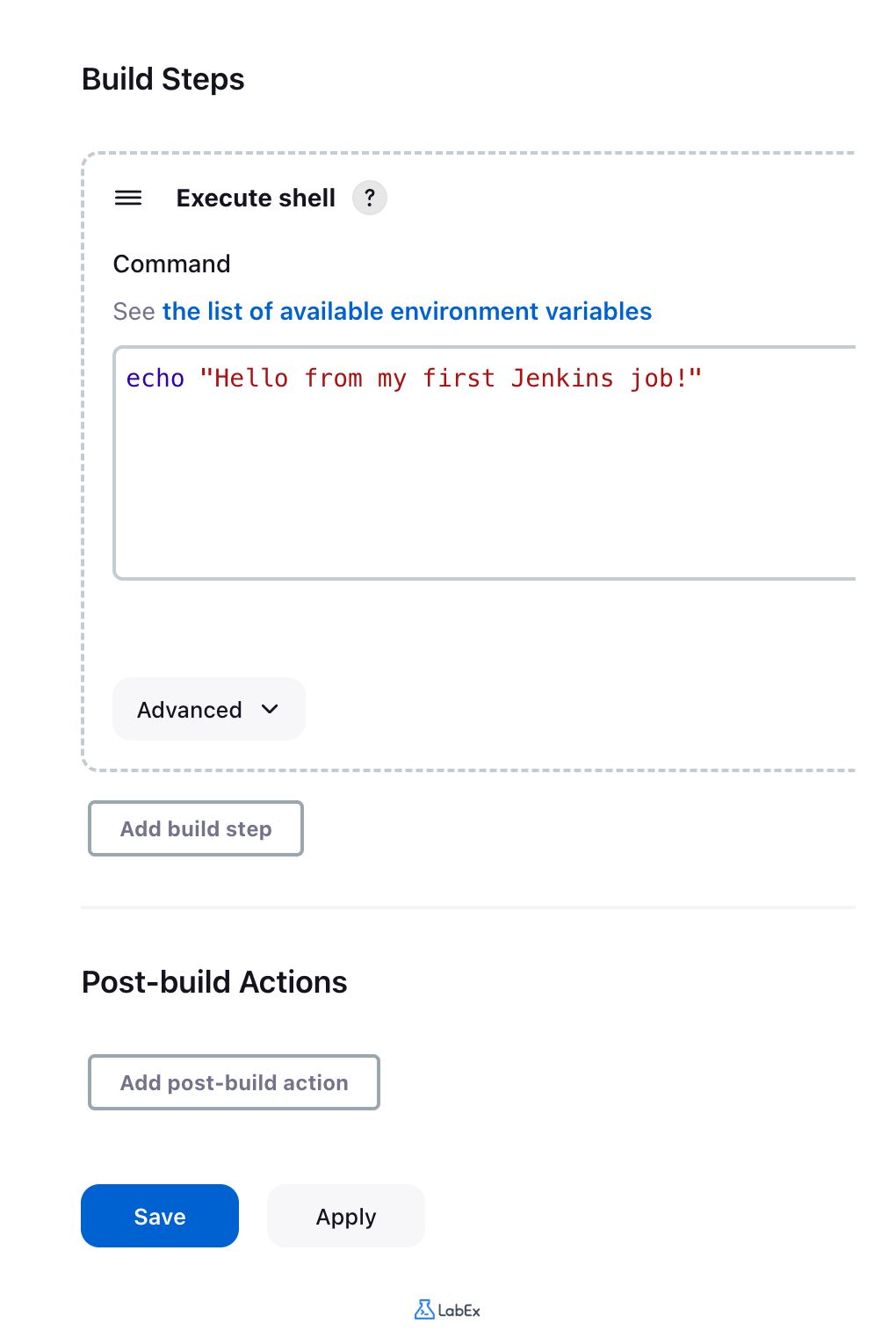 Jenkins project configuration page with build step