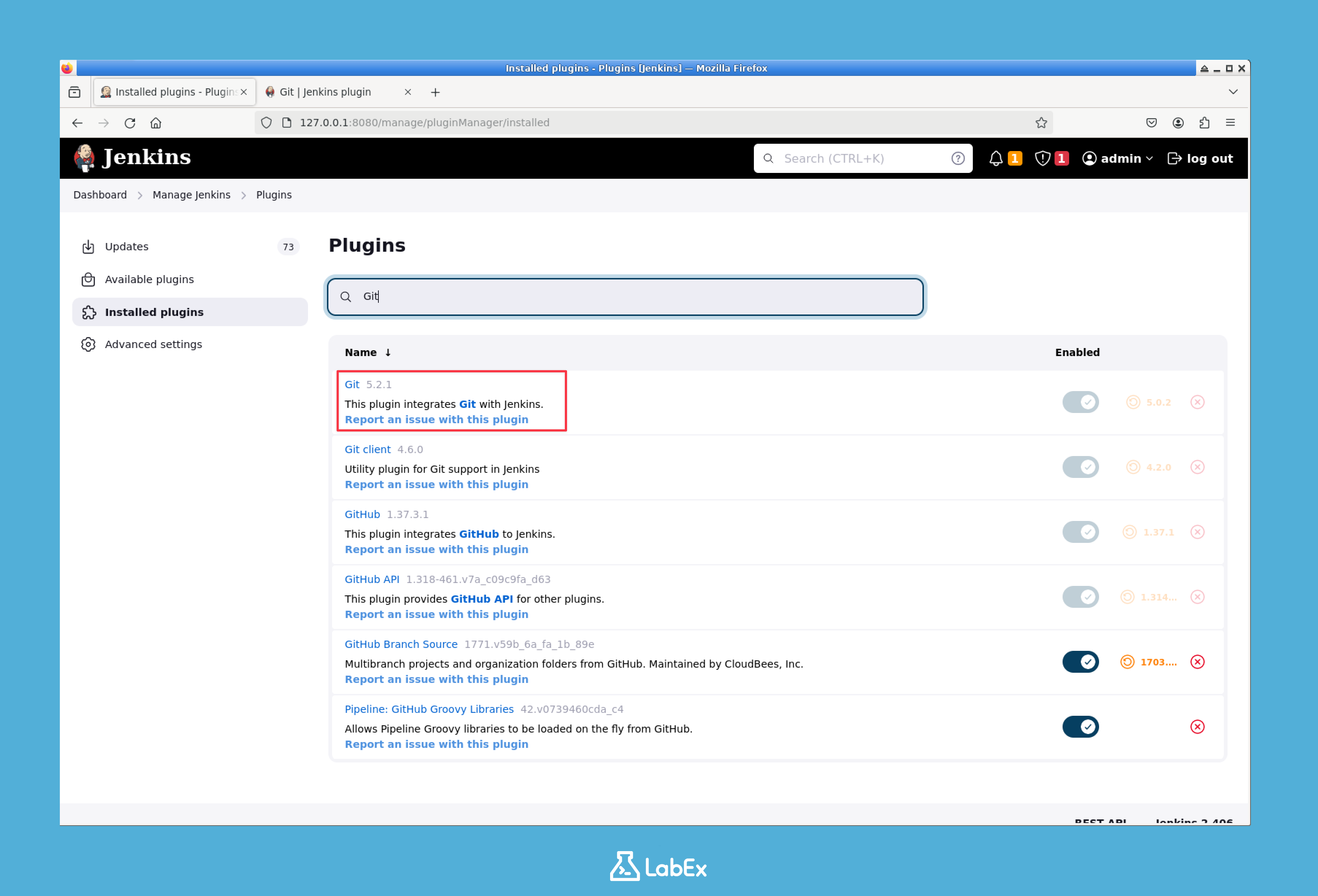 Jenkins installed plugins page