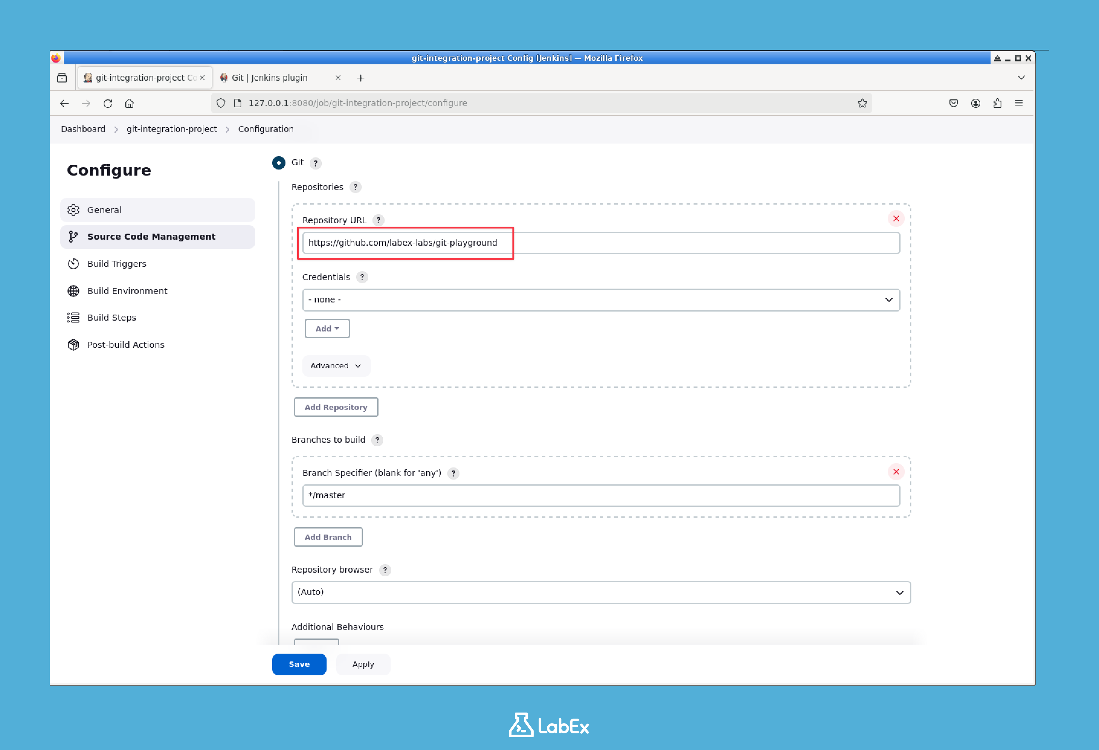 Source Code Management section in project configuration