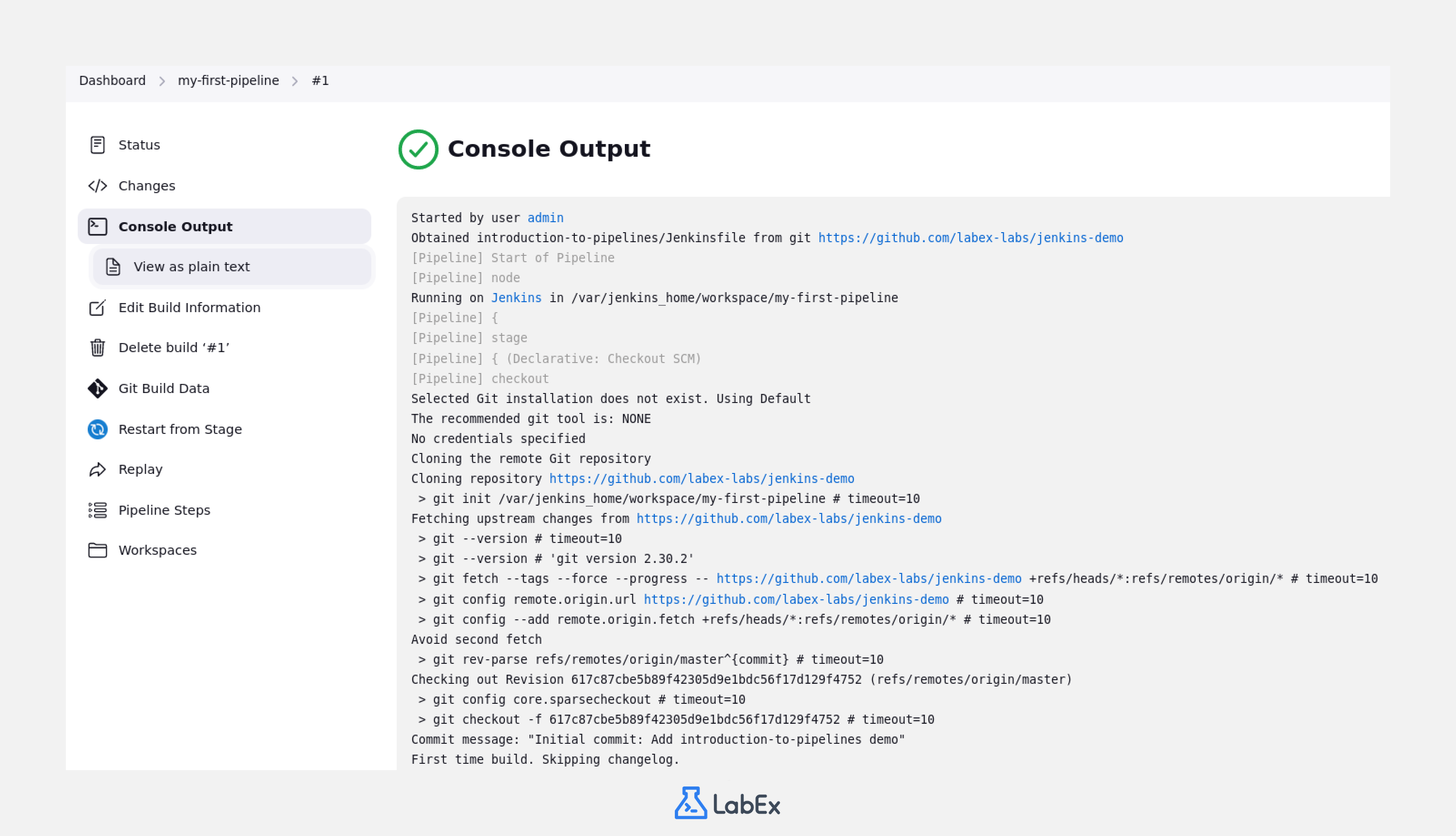 Console output showing successful pipeline execution