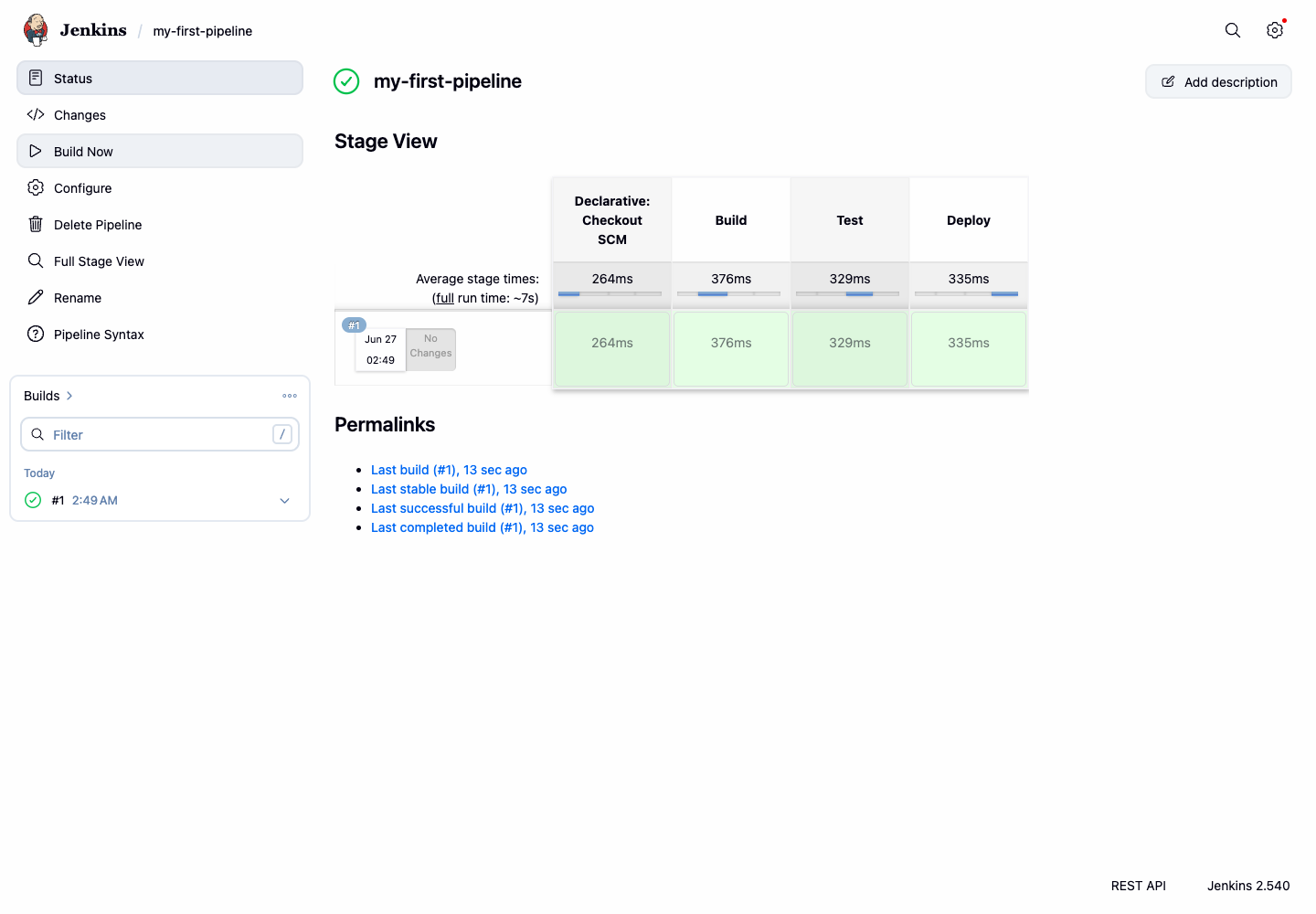 Jenkins Stage View mit Build-, Test- und Deploy-Stages