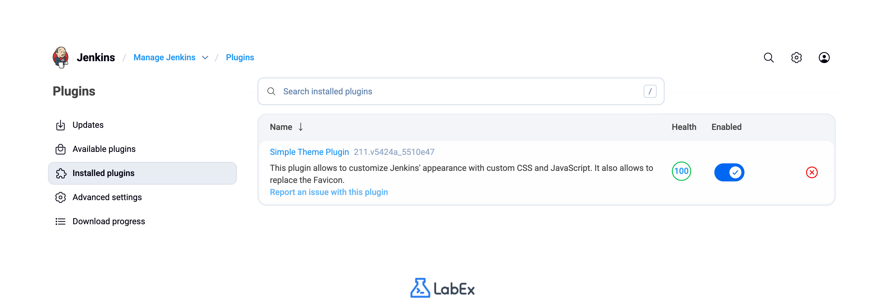 Jenkins plugin manager showing uninstall button
