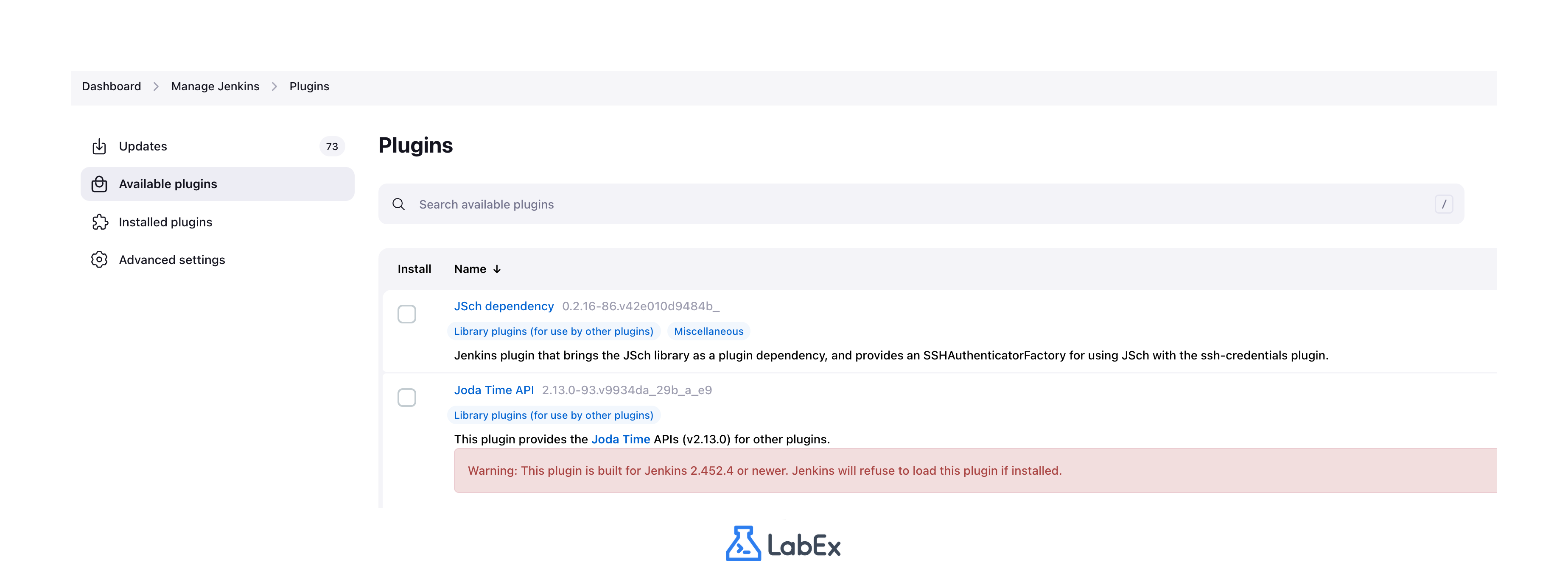 Jenkins Manage Jenkins page plugins tab
