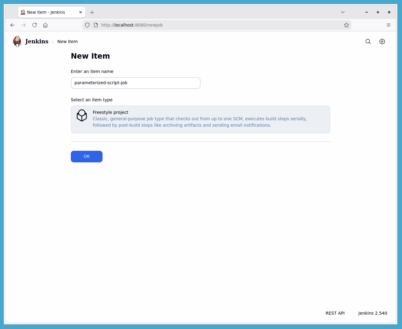 Jenkins dashboard New Item button