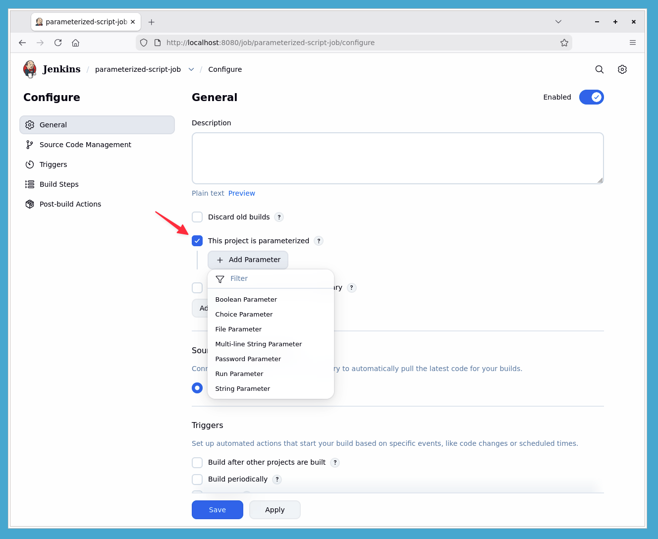 Jenkins job configuration page with parameters