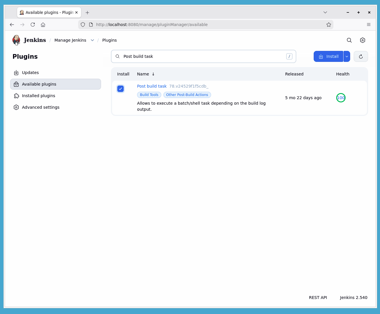 Jenkins available plugins page searching for Post build task