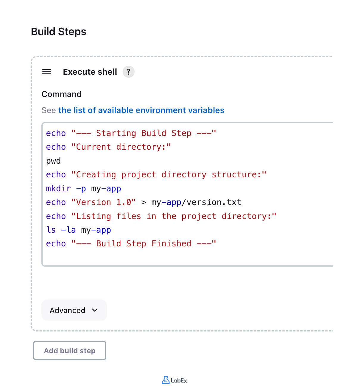 Jenkins job configuration page showing build steps