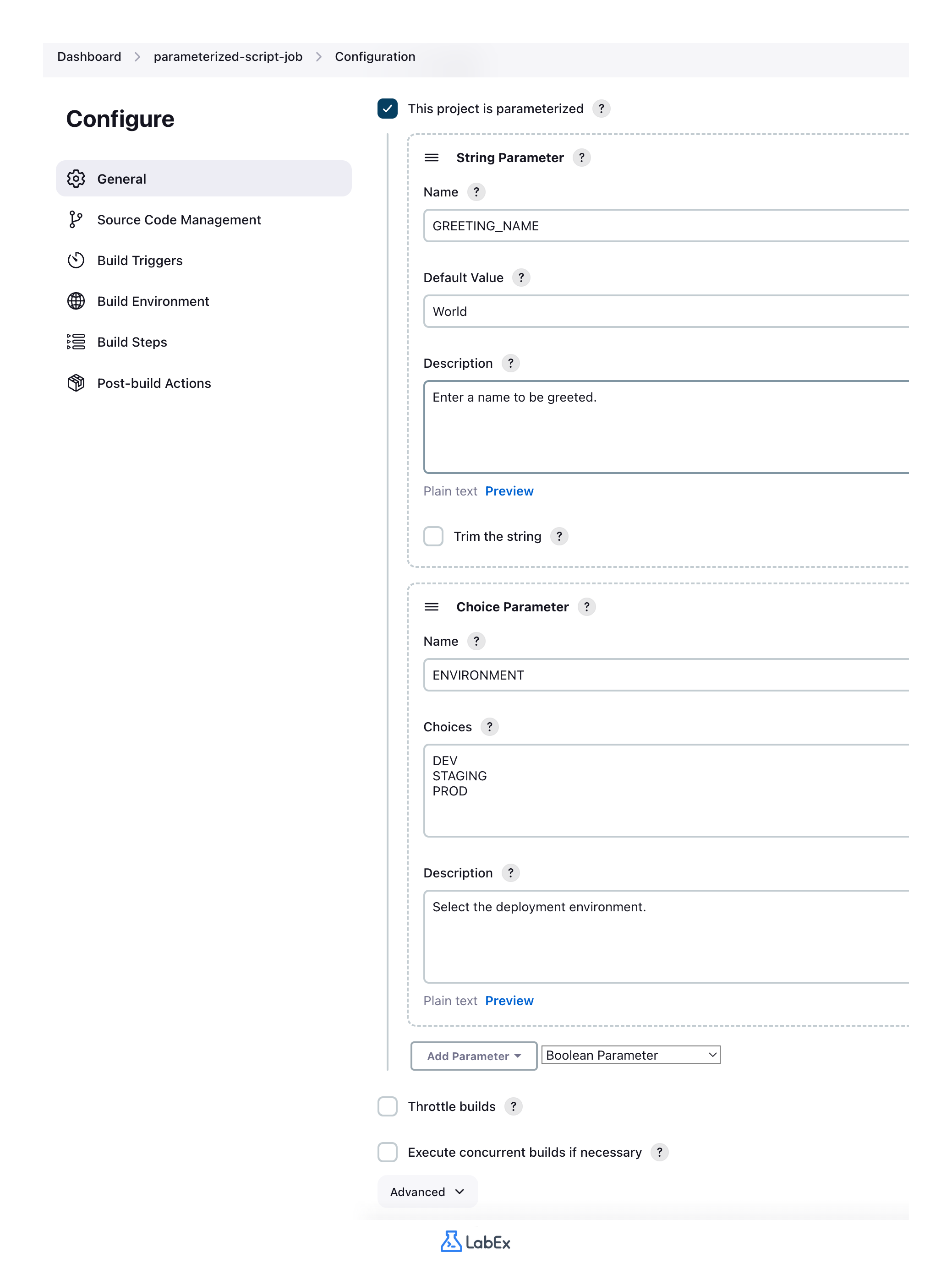 Jenkins job configuration page with parameters