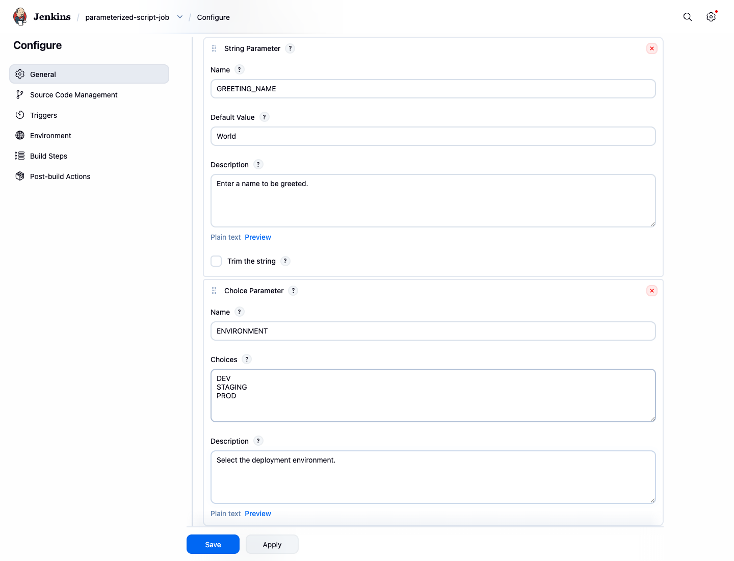 Configured string and choice parameters