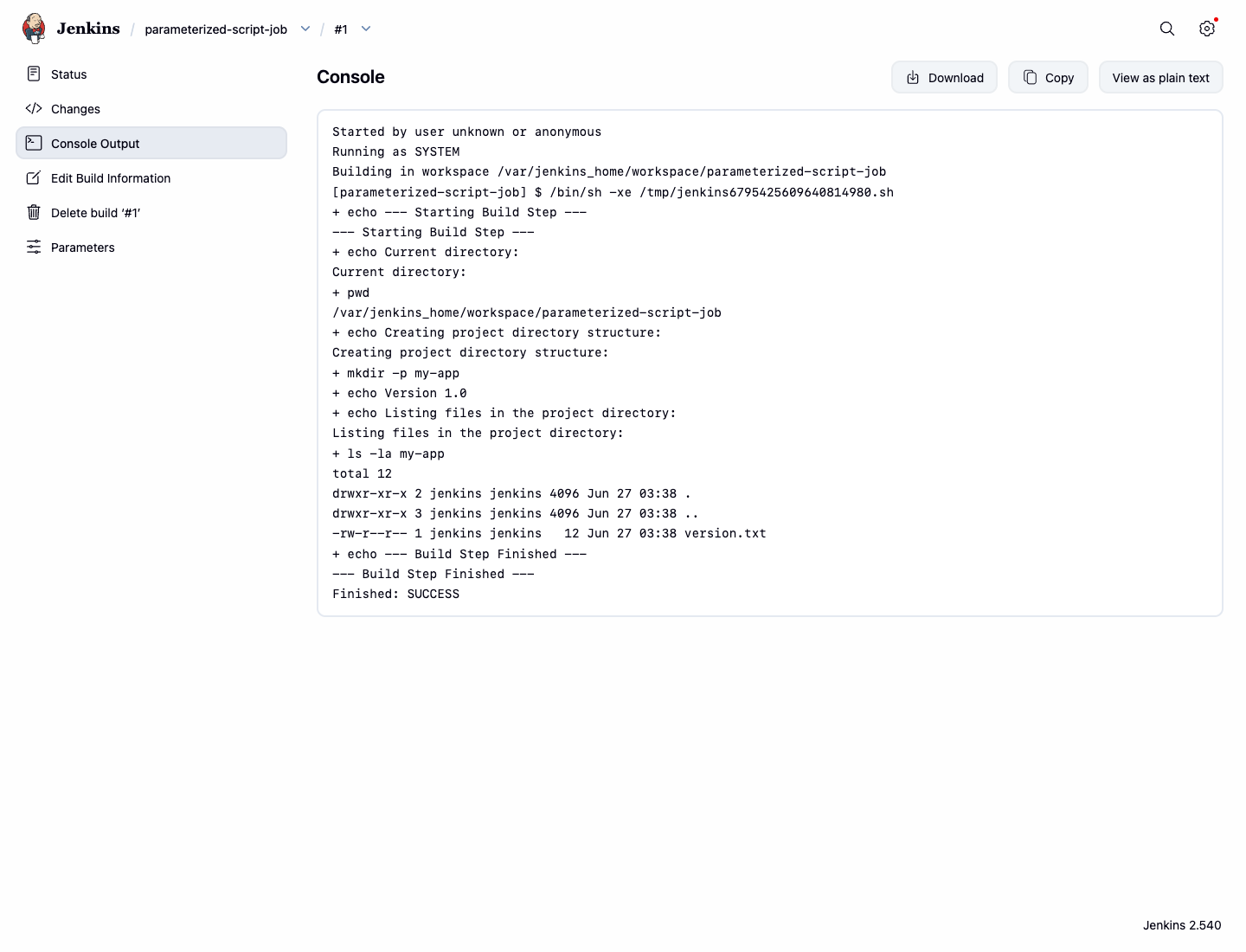 Console output from the shell build step