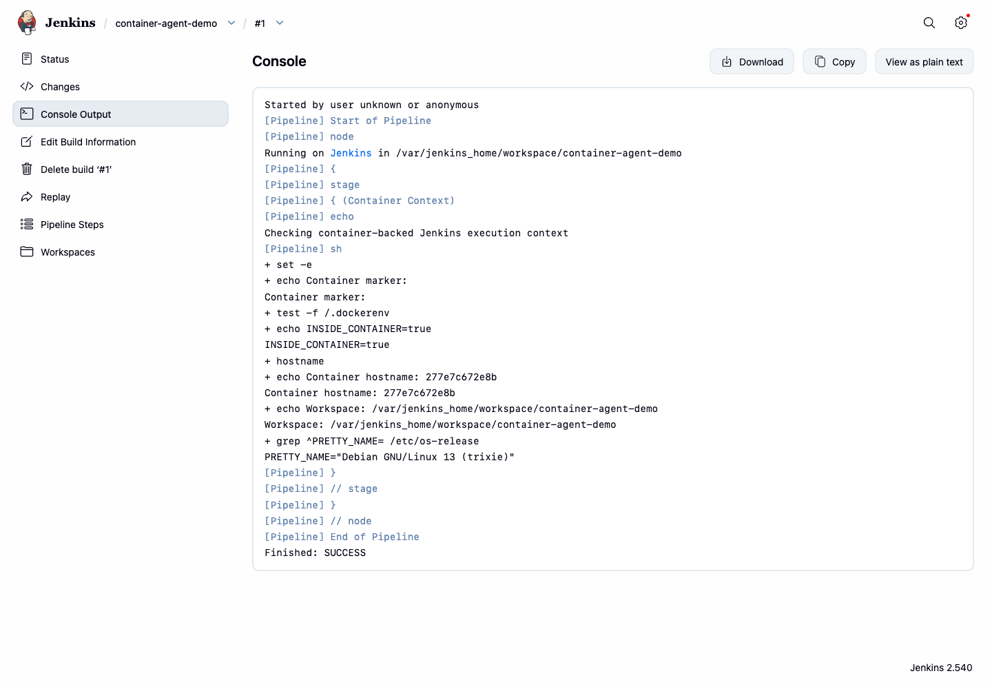 Jenkins container-aware Pipeline console output
