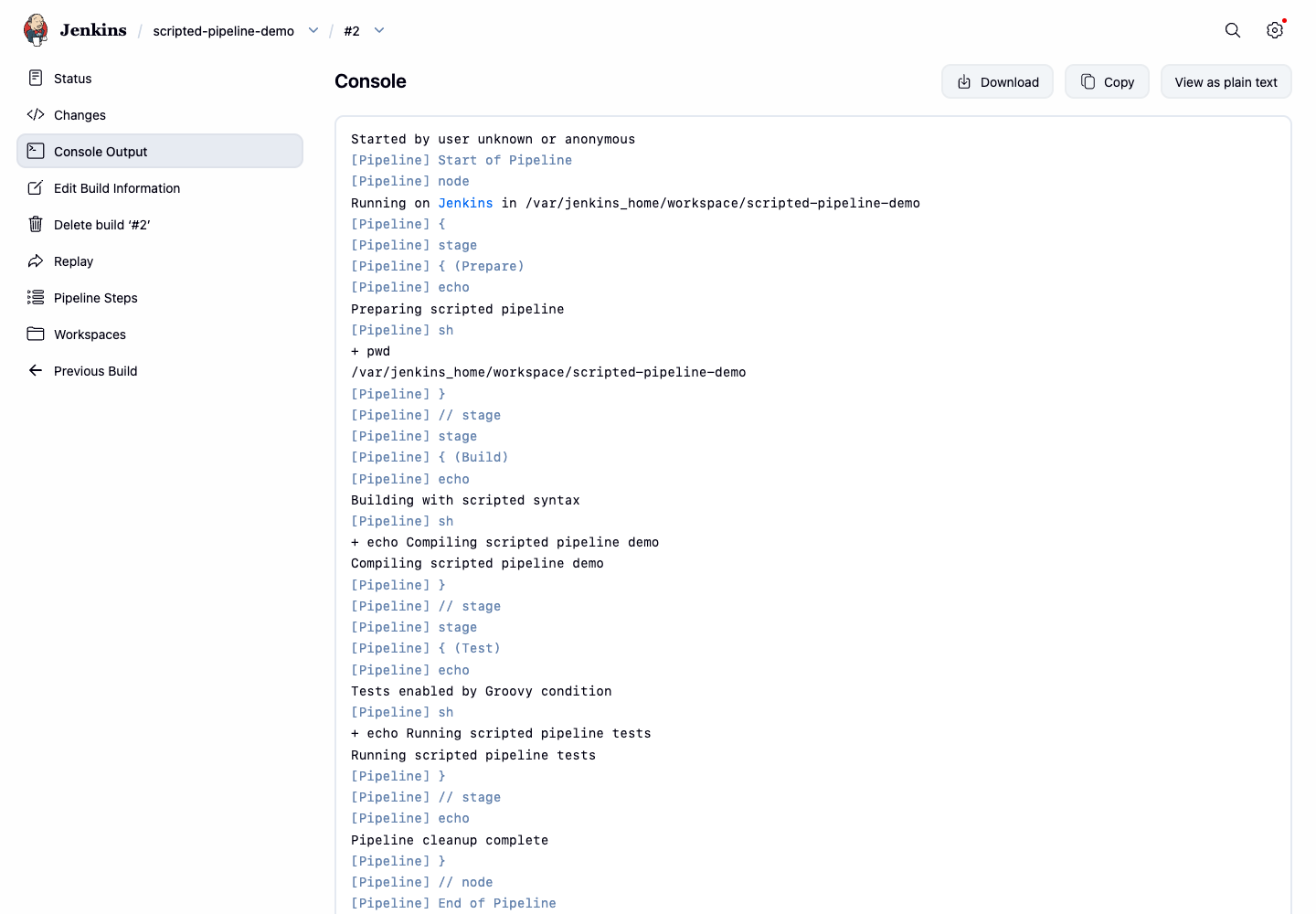 Jenkins scripted Pipeline Konsolenausgabe