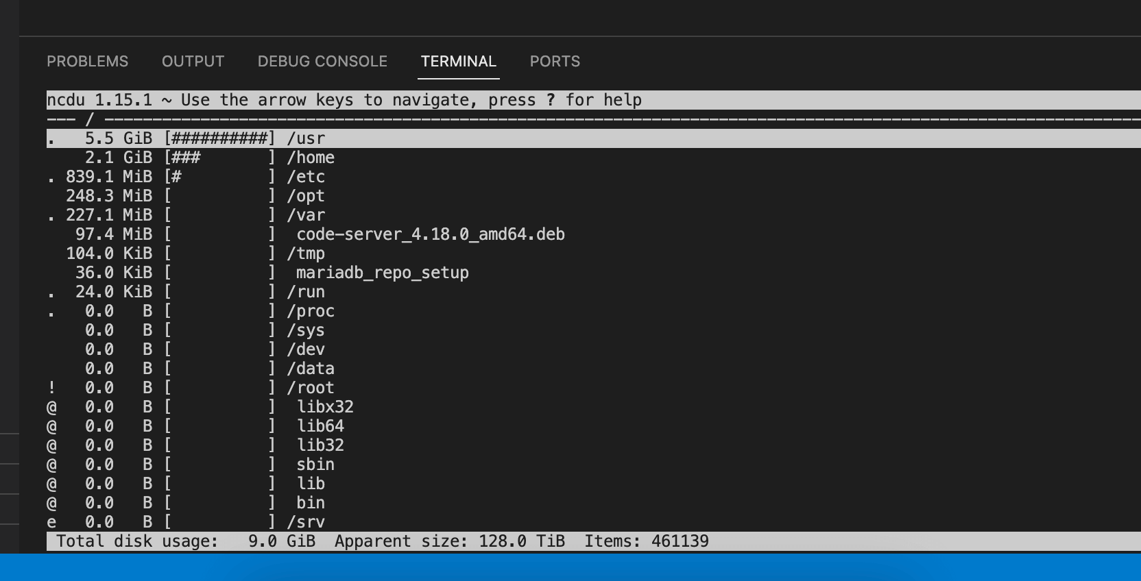 ncdu disk usage interface