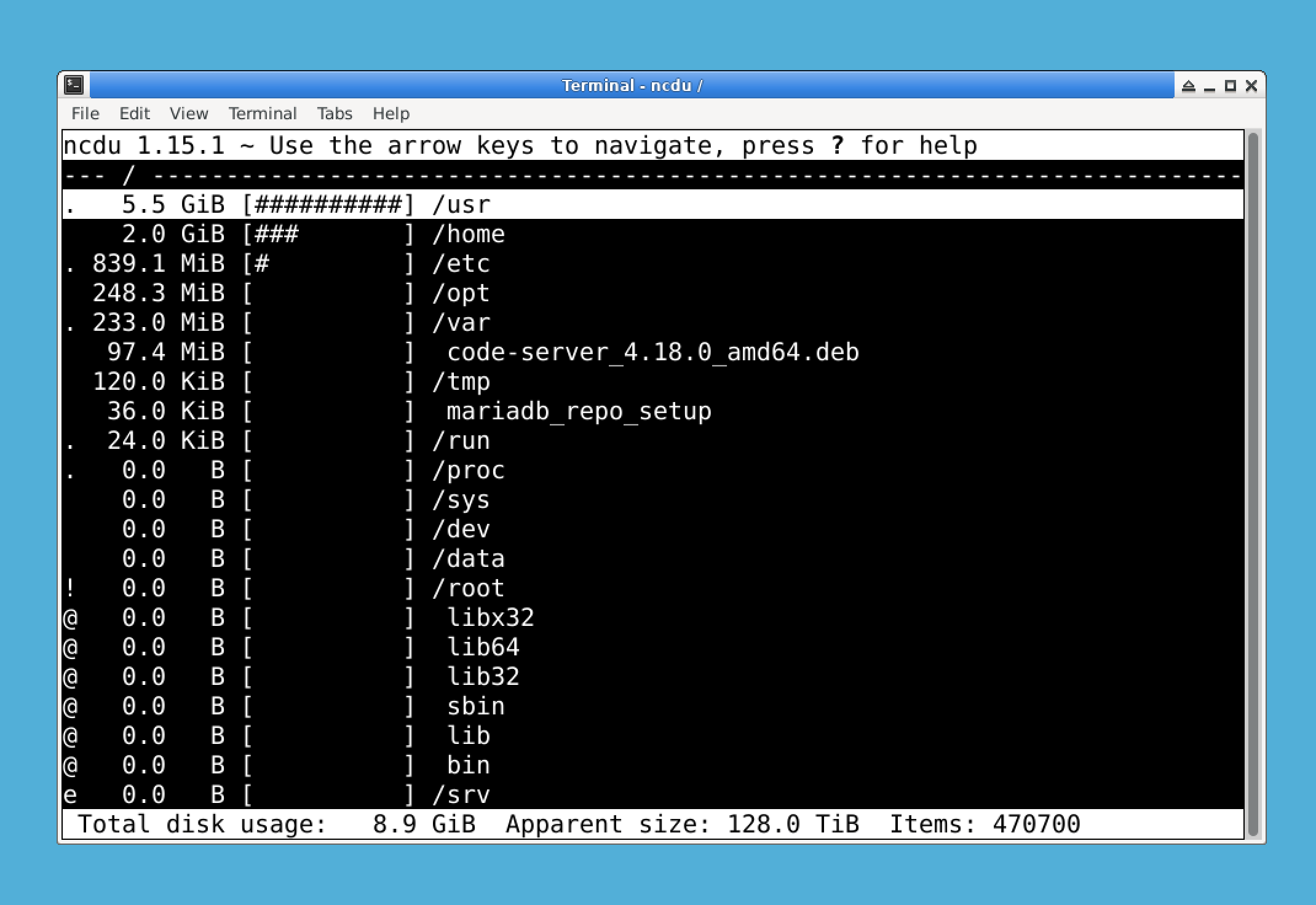 ncdu disk usage interface
