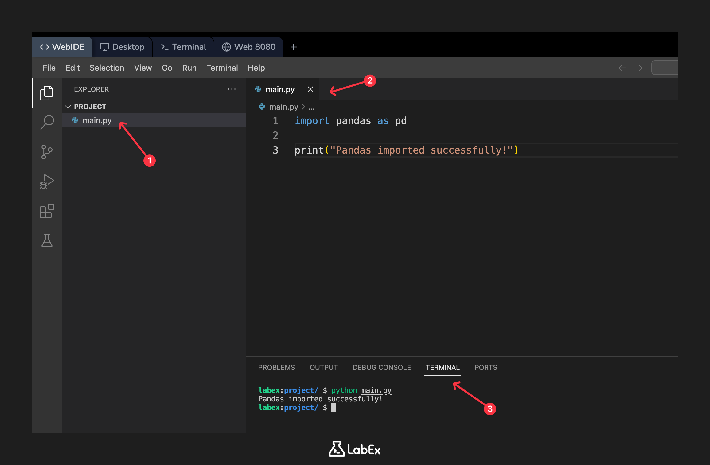 Código de Python para importar pandas e imprimir confirmación