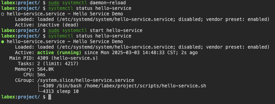 systemctl status hello-service