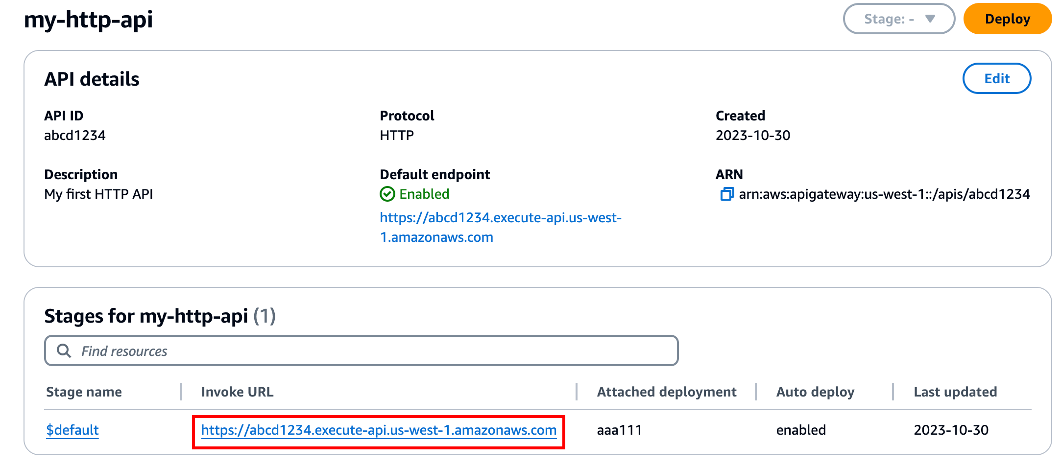 官方 API Gateway Console 显示 API 详情和默认阶段的调用 URL
