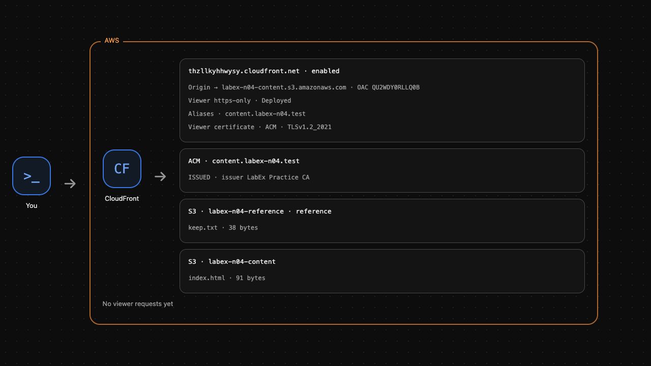 AWS View 示例检查点：分配具有练习备用名称、ACM 用户端证书及 https-only 策略；预置证书状态为 ISSUED。