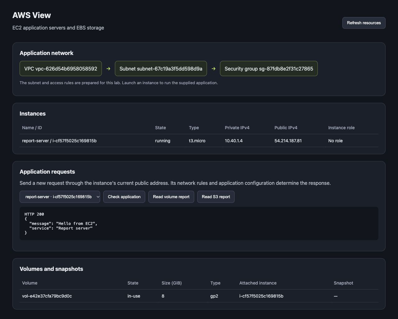 AWS View 显示运行中的 report-server 及配置后的应用响应