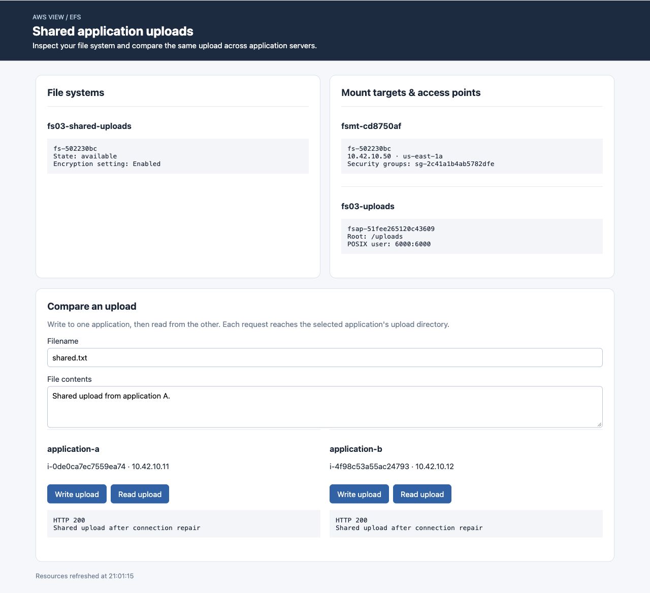 Fichiers restaurés dans AWS View