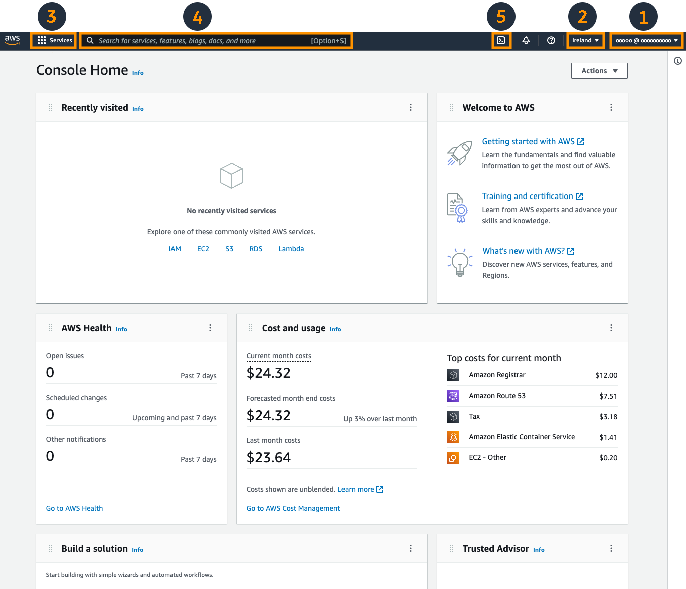 Exemple AWS Console Home : recherche et cartes du tableau de bord. Source : AWS Console guide — https://docs.aws.amazon.com/pdfs/hands-on/latest/getting-started-with-aws-management-console/getting-started-with-aws-management-console.pdf.