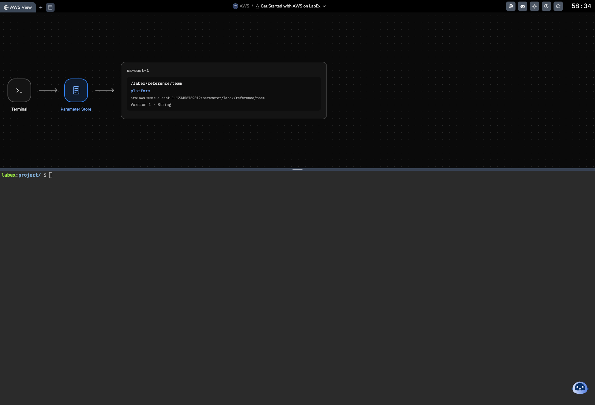 Exemple d’espace LabEx : AWS View en haut et Terminal en bas ; les titres et valeurs peuvent varier.