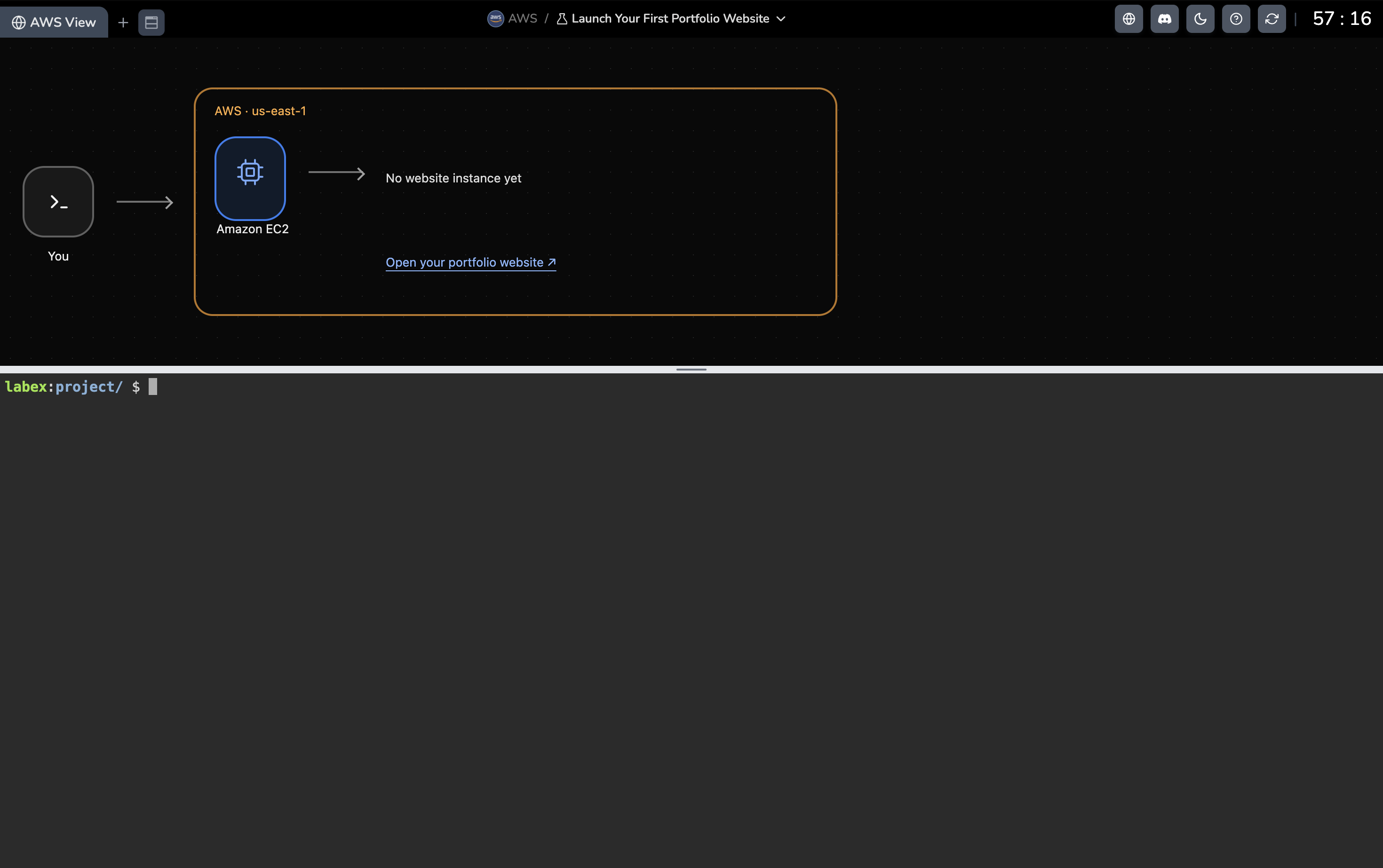 LabEx workspace example: AWS View above and Terminal below; lab titles and resource values may differ.