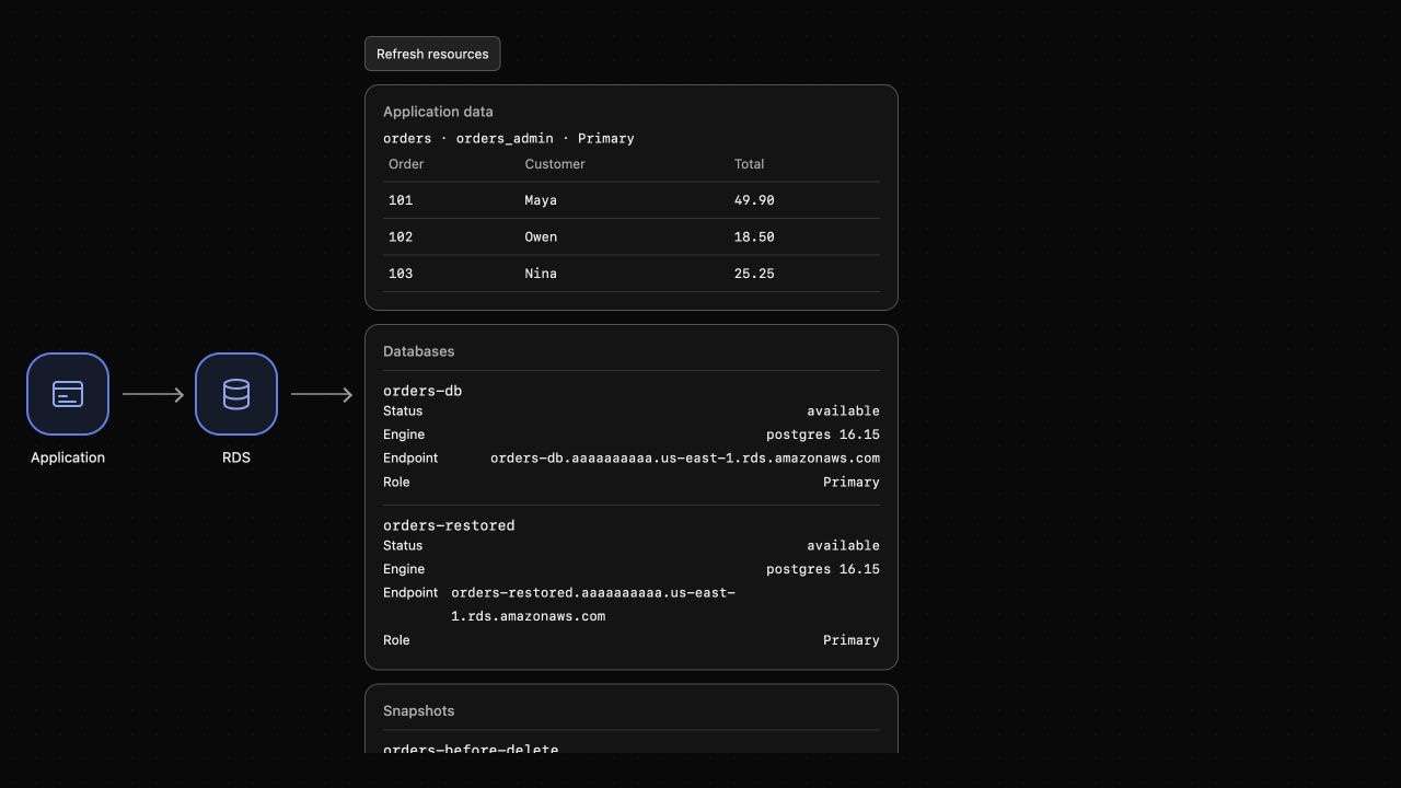 应用从独立恢复的 PostgreSQL 实例读取找回的订单。