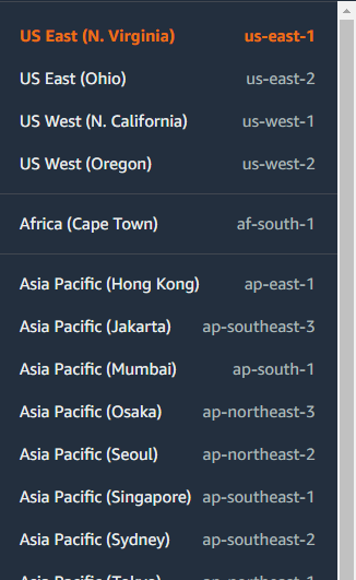 Menu Region de la Console officielle avec N. Virginia us-east-1 et Oregon us-west-2 — Source : Guide AWS Console — https://docs.aws.amazon.com/pdfs/hands-on/latest/getting-started-with-aws-management-console/getting-started-with-aws-management-console.pdf.