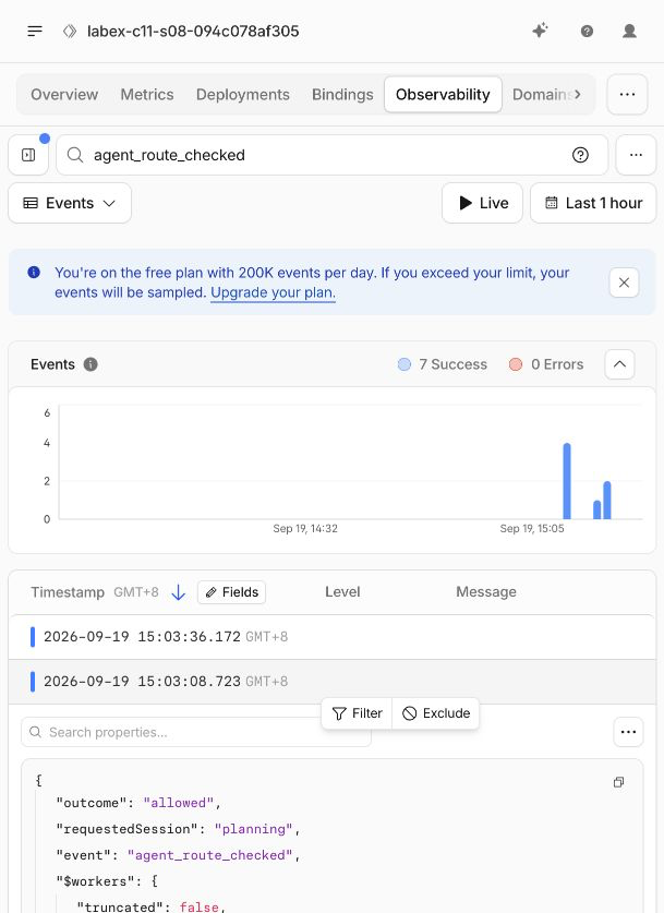 Ограниченное событие agent_route_checked в журналах Cloudflare