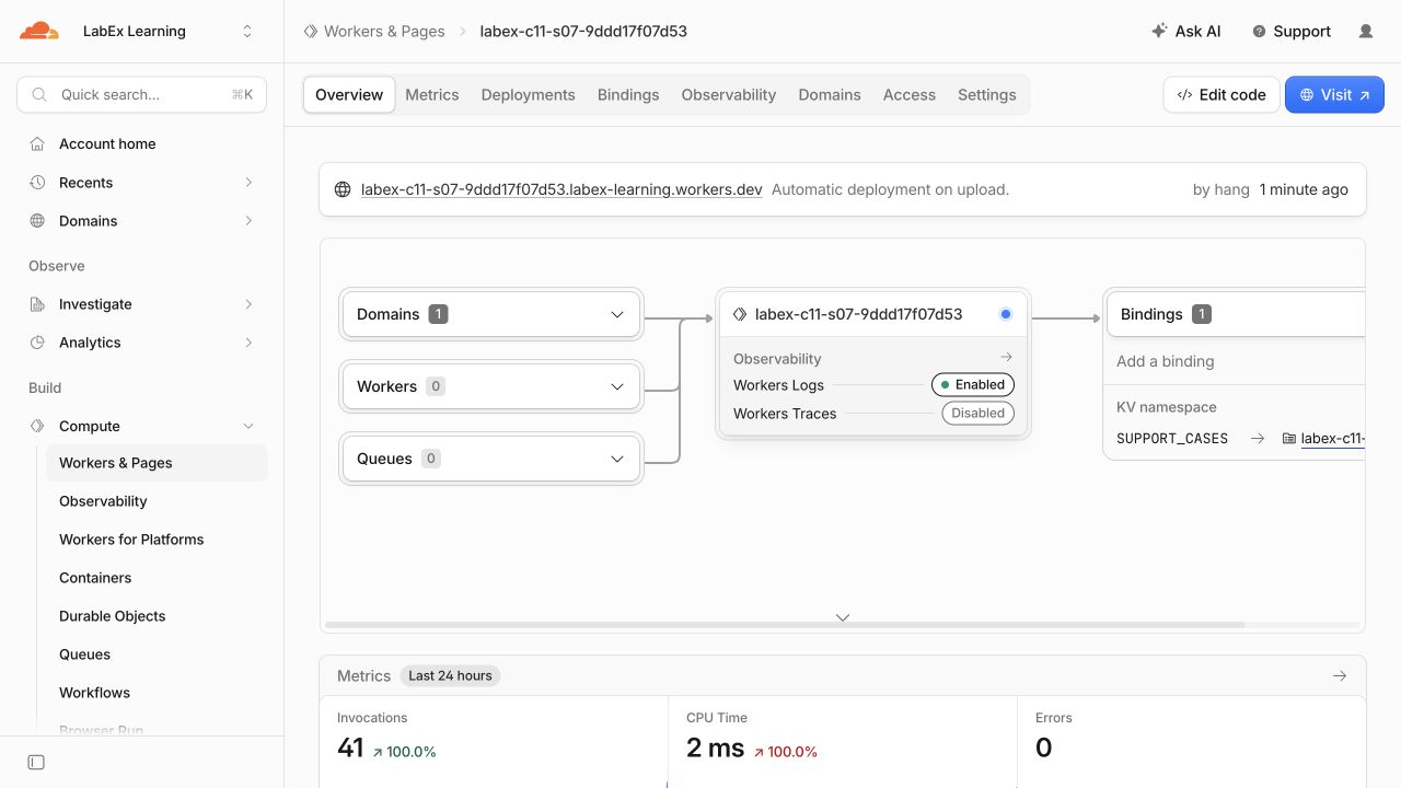 Развёрнутый Worker MCP подключён к одной привязке KV SUPPORT_CASES