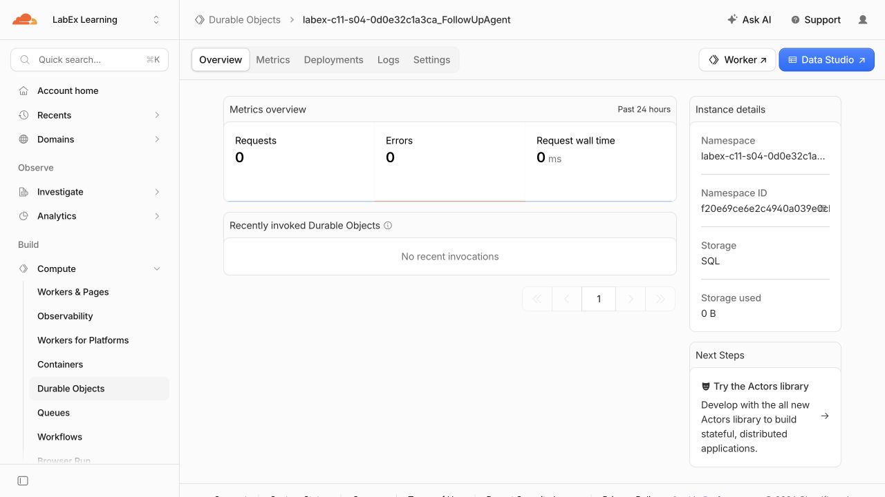Пространство имён Durable Object FollowUpAgent использует SQL-хранилище